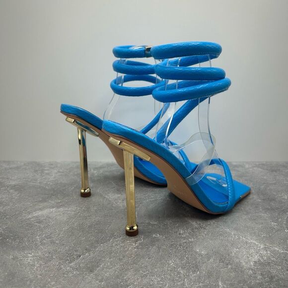 Simmi London Blue Eloise Wrap Ankle Gold Heel Sandal Size 6 Square Toe Stiletto - Picture 3 of 12